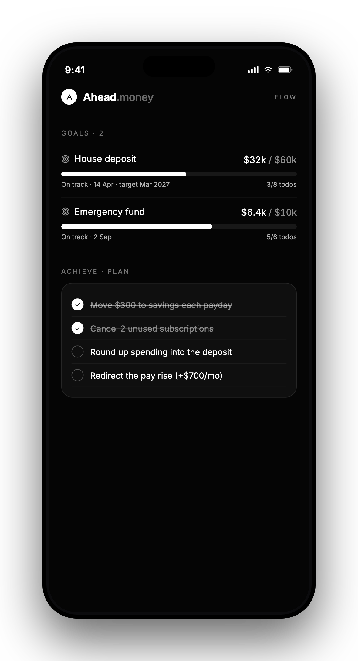 Ahead app: Goals screen