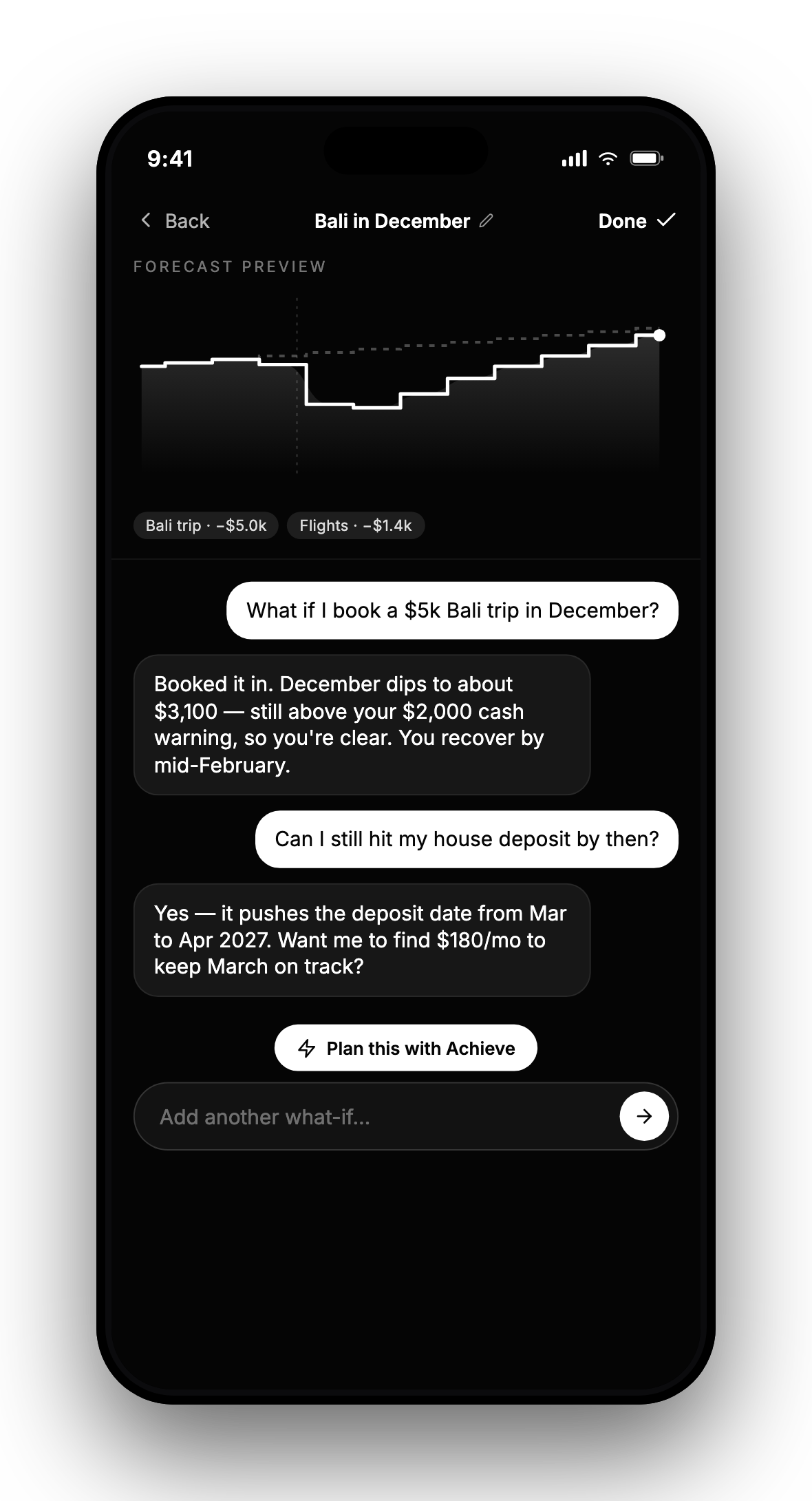 Ahead app: Ask what-if screen